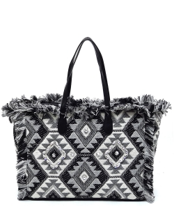Boho Chic Crochet Fringe Shopper Tote Bag CY018 BLACK